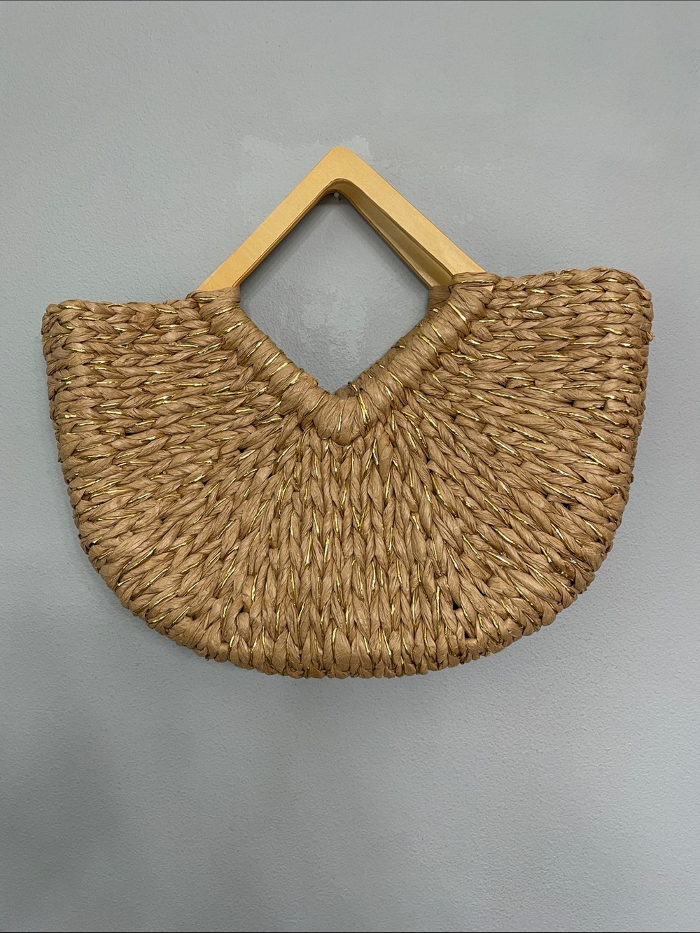 Woven Straw Half-Moon Tote with Wooden Handles and Gold Thread - Natural - Picture 2 of 7